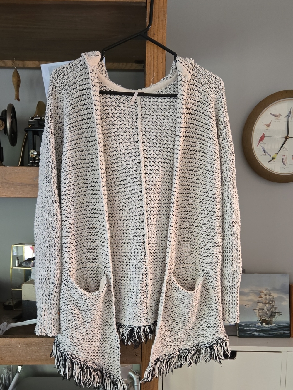 Free People Cream Hooded Open-Front Fringe Cardigan